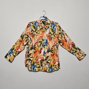 Investments Women's Shirt Blouse Plus 2X Green Multicolor Button Up Linen 0801